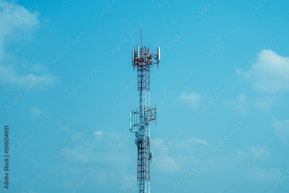Mobile phone tower transmission signal blue sky background and antenna Mobile phone tower transmission signal blue sky background and antenna