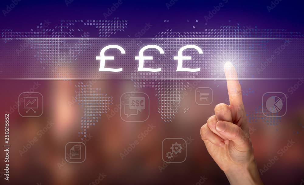 A hand selecting a Pounds business concept on a clear screen with a colorful blurred background. A hand selecting a Pounds business concept on a clear screen with a colorful blurred background.