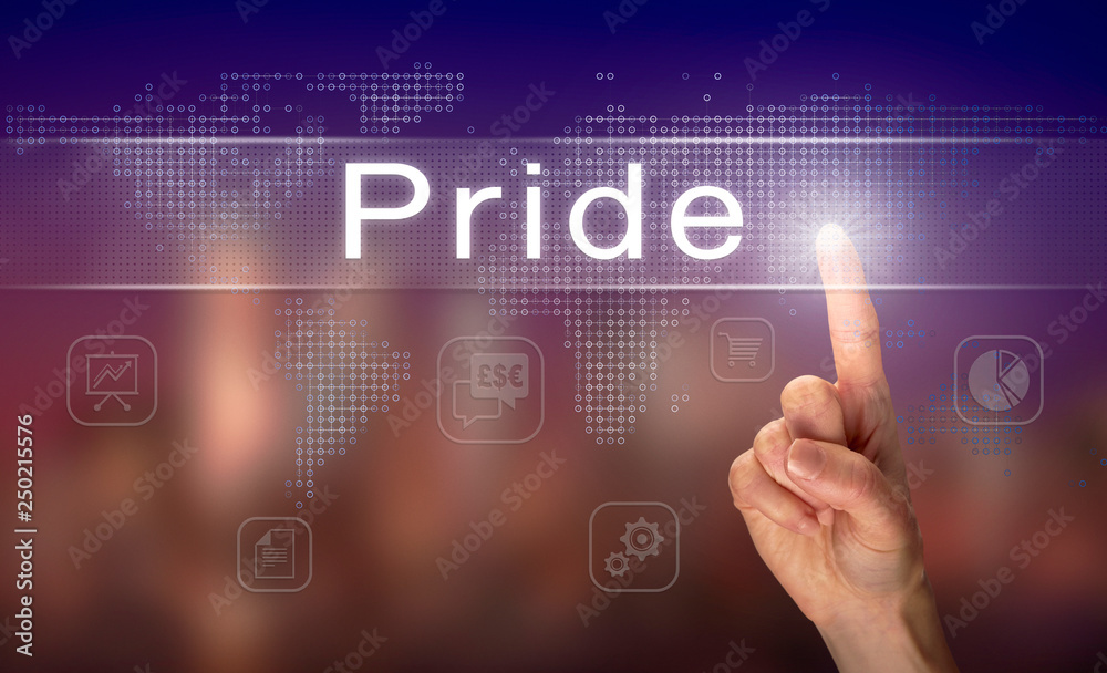A hand selecting a Pride business concept on a clear screen with a colorful blurred background. A hand selecting a Pride business concept on a clear screen with a colorful blurred background.