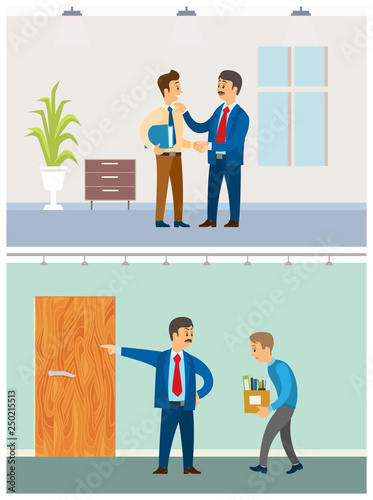 Boss with discharged worker, businessman at office vector. Dismissal of employee, walking with boxes to exit. Director praising colleague with files