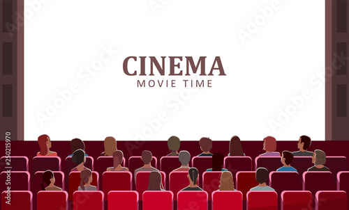 Cinema movie time vector, people sitting in seats at hall. Big screen sheet with title, man and woman in romantic atmosphere enjoying film on monitor