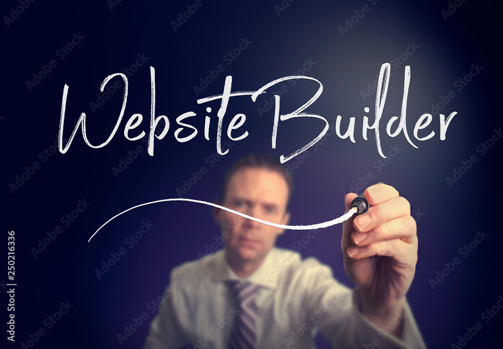 A businessman writing a Website Builder concept with a white pen on a clear screen. A businessman writing a Website Builder concept with a white pen on a clear screen.