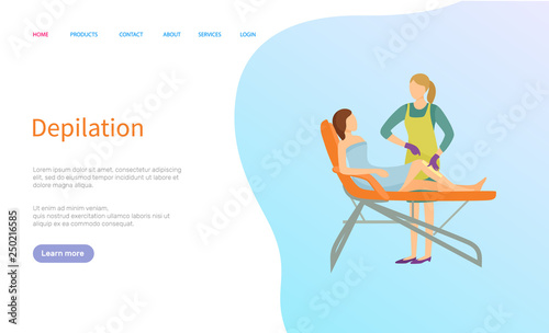 Depilation service vector, beauty procedure online order. Woman in towel on medical table and female salon master in apron, legs waxing or epilation. Website or webpage template landing page in flat