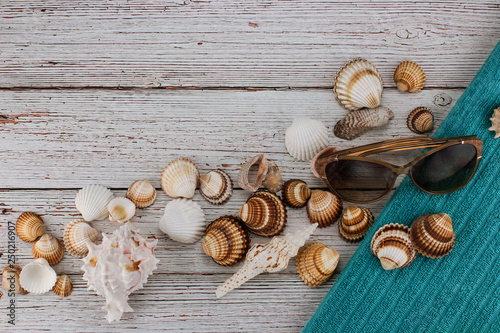 Flat lay with shells, beach accessories and glasses.