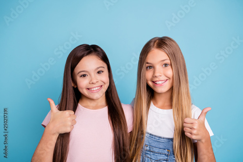 Close-up portrait of two people nice-looking cute lovely sweet attractive beautiful cheerful straight-haired girls siblings showing thumbup isolated over blue pastel background