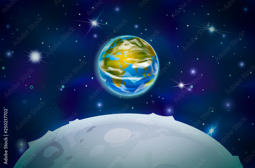 View on Earth planet from moon satellite on space background with bright stars and constellations View on Earth planet from moon satellite on space background with bright stars and constellations