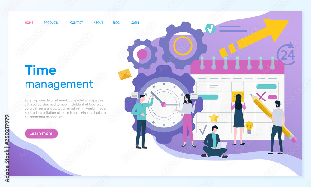 Time management online web page with organizer vector. Men and women compose business schedule, wall clock, success element and productive work arrangement. Website or webpage template landing page