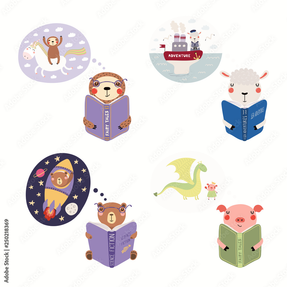 Fototapeta premium Big set with cute animals reading different books. Isolated objects on white background. Hand drawn vector illustration. Scandinavian style flat design. Concept children print, learning, imagination.