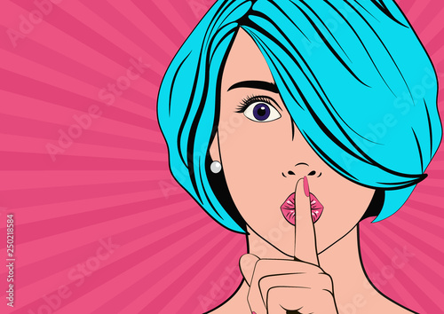 Woman says "Shh!". It's a secret! Pop art comics style. Vector illustration.