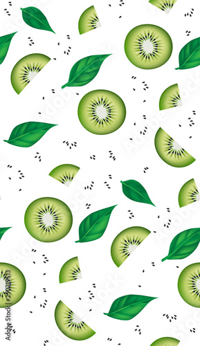 Fresh kiwi slices, leaves and seeds seamless pattern. Realistic vector illustration.