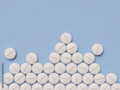 Scattered parmaceutical medicine pill tablets on the blue background. Mock up template. Health care concept. 3d render illustration
