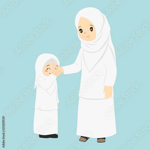 young girl kissing her mother's hand, vector illustration. a way to show respect to parents in Islam teaching