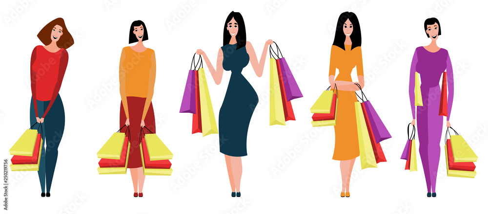 Collection of people carrying shopping bags with purchases. Collection of people carrying shopping bags with purchases.