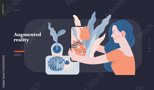 Technology 3 -Augmented reality, modern flat vector concept digital illustration -augmented reality metaphor -woman with tablet. Creative landing web page design template
