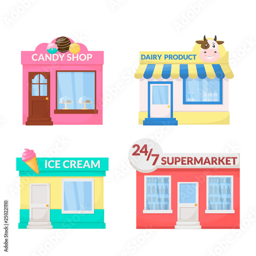 Market, storefront. Ice cream, dairy product, candy shop, supermarket store building facade. Vector.