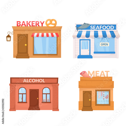 Fototapeta Naklejka Na Ścianę i Meble -  Market, storefront. Bakery, sea food, alcohol, meat store building facade. Vector.