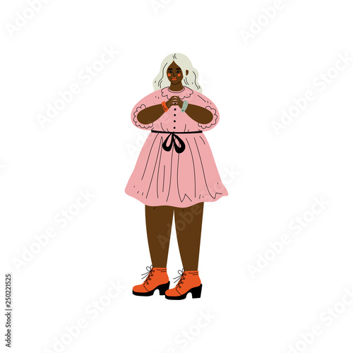 Plump African American Woman With Blond Hair, Female Character Loving Her Body, Self Acceptance, Beauty Diversity, Body Positive Vector Illustration