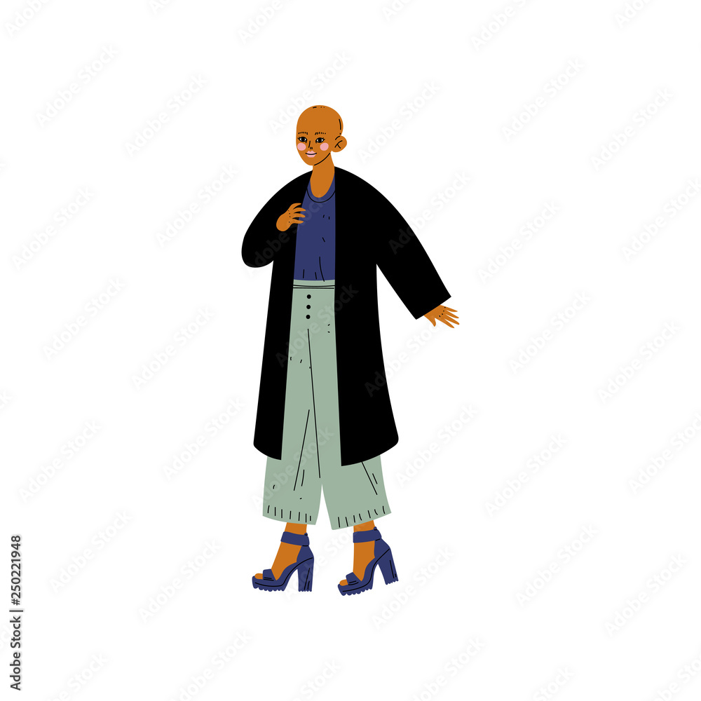 Dark Skinned Bald Young Woman in Casual Clothes, Self Acceptance, Beauty Diversity, Body Positive Vector Illustration Dark Skinned Bald Young Woman in Casual Clothes, Self Acceptance, Beauty Diversity, Body Positive Vector Illustration