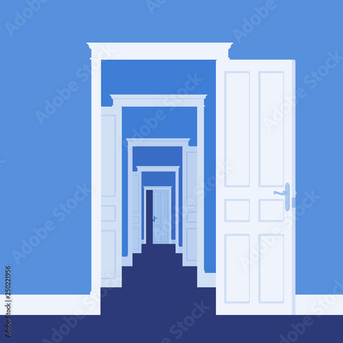 Doors open in many rooms. Metaphor of business  life opportunity  new ways to success  chance and possibility to get development  path to reach goal or dream. Vector illustration  faceless characters