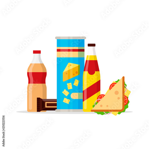 Snack product set, fast food snacks, drinks, chips, juice, sandwich, chocolate isolated on white background. Flat illustration in vector