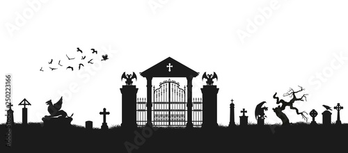 Black silhouette of gothic cemetery. Medieval architecture. Graveyard with gate, crypt and tombstones. Halloween scene