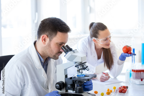 Scientists with vegetables in laboratory