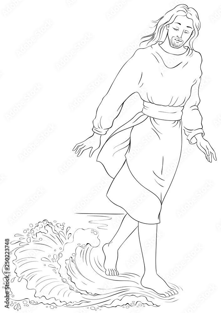 Bible story. Jesus walking on water. Vector cartoon christian coloring page