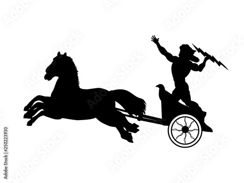 Zeus Jupiter god chariot lightning silhouette ancient mythology fantasy. Vector illustration.