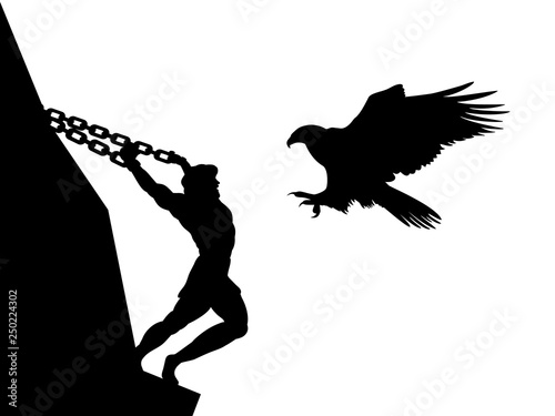 Prometheus god eagle silhouette ancient mythology fantasy. Vector illustration.