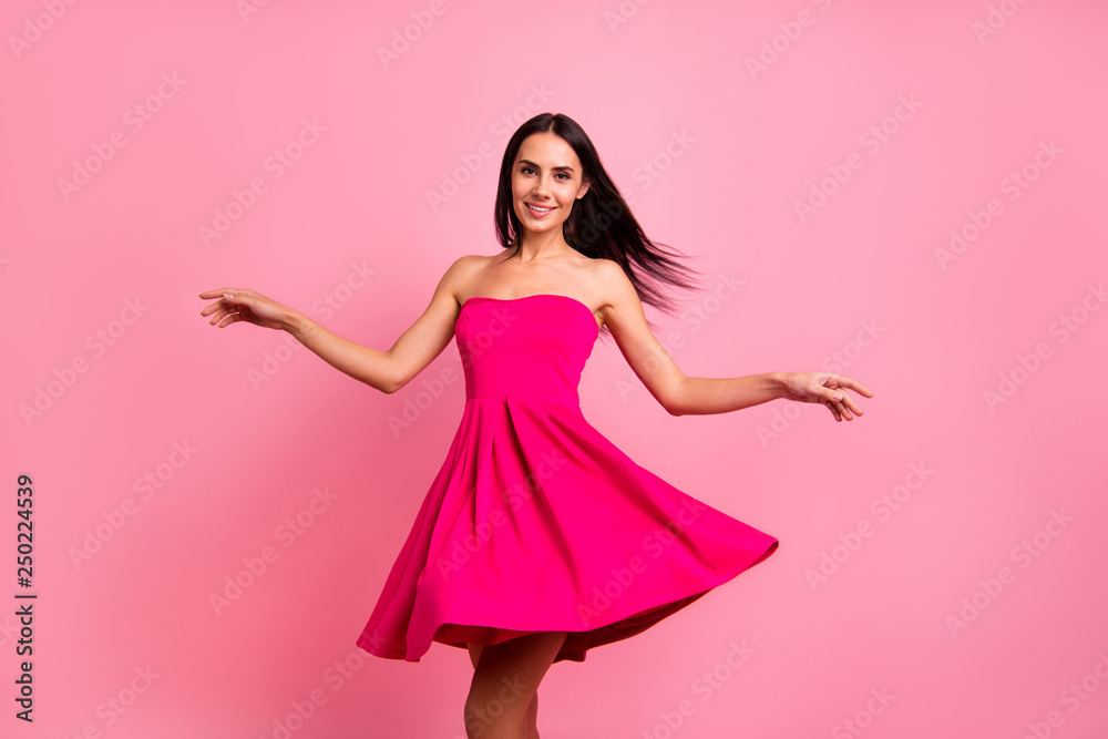 Close up photo attractive cute she her lady spring romance spinning whirling hair dress flight round blow smiling wearing bright classy chic vivid pink formal-wear outfit isolated on rose background Close up photo attractive cute she her lady spring romance spinning whirling hair dress flight round blow smiling wearing bright classy chic vivid pink formal-wear outfit isolated on rose background