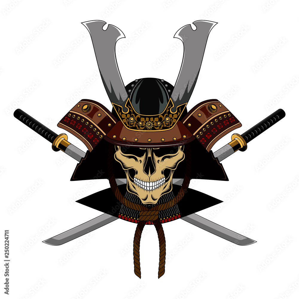 Samurai skull in a helmet with swords. Color vector image on a white ...