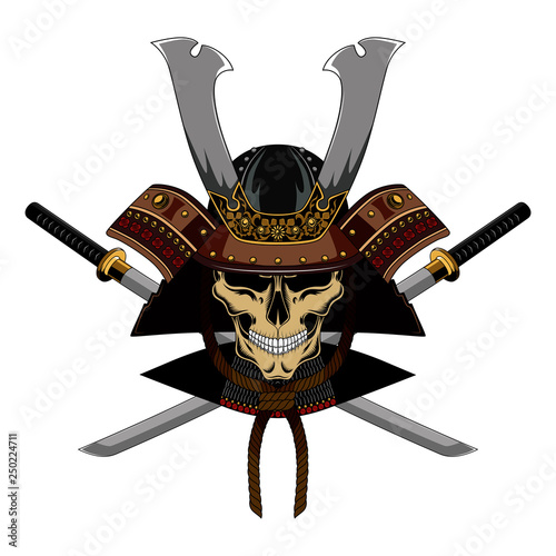 Samurai skull in a helmet with swords. Color vector image on a white background.