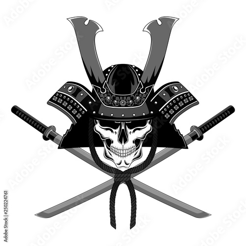 Samurai skull in a helmet with swords. Vector image on white background.