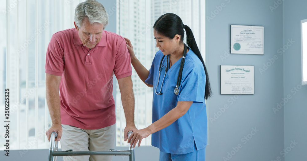 Obraz premium Physical therapist or doctor helping older male patient learn to walk with a walker. Female nurse assisting senior man with recovery after surgery