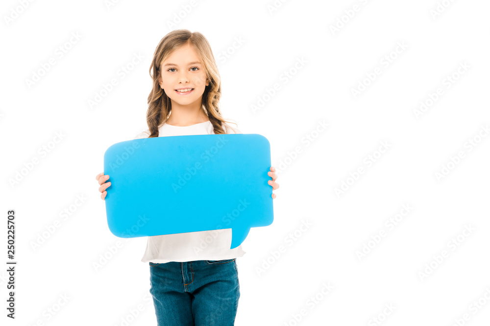cute smiling child holding blue speech bubble isolated on white cute smiling child holding blue speech bubble isolated on white