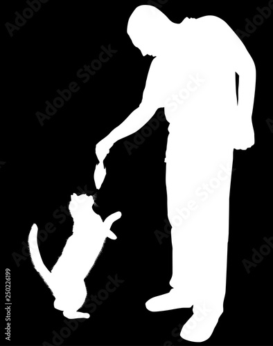 man given fish to cat isolated on black