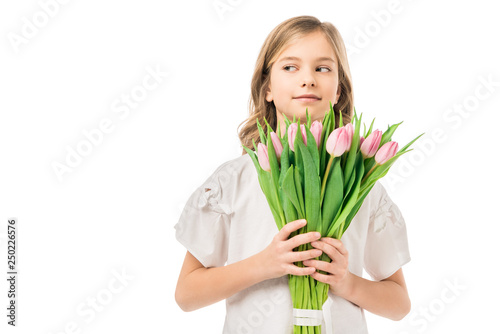 cute child holding beautiful bouquet of pink flowers isolated on white