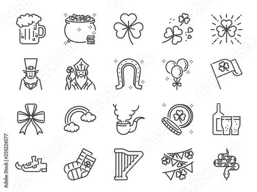 St. Patrick day line icon set. Included icons as shamrock, clover leaf,  celebration, holiday, party and more.