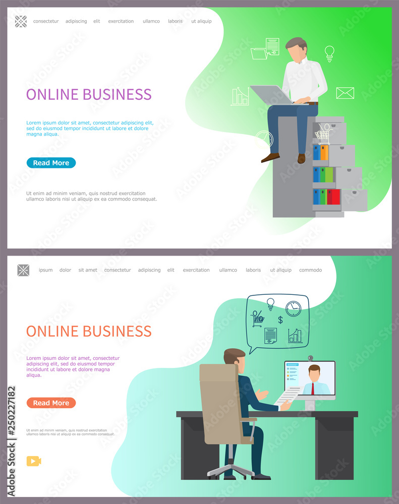 Online business, leader of company chatting on PC, conference with partner vector. Male talking to freelance with help of modern technologies at job. Website or webpage template landing page in flat