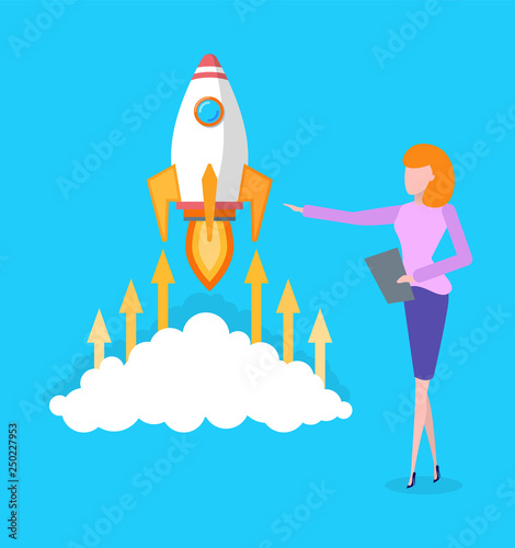 Rocket flying up, launching of spacecraft vector. Business concept, beginning of new project, woman holding clipboard with plan. Rapid success of idea