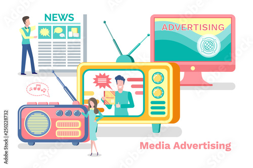 Media advertisement vector, television and radio with antenna, laptop screen. Advertisement product promotion in newspaper, show on tv broadcasting