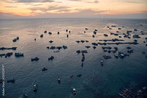 Top view of the sea in which the boats swim fishermen