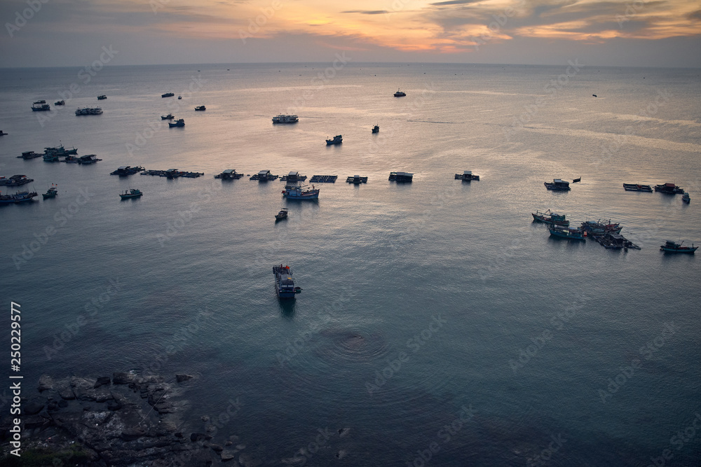 Top view of the sea in which the boats swim fishermen
