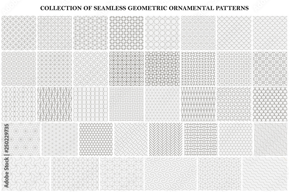 Big bundle of geometric seamless patterns - ornamental symmetric design. Collection of vector decorative backgrounds - obrazy, fototapety, plakaty 