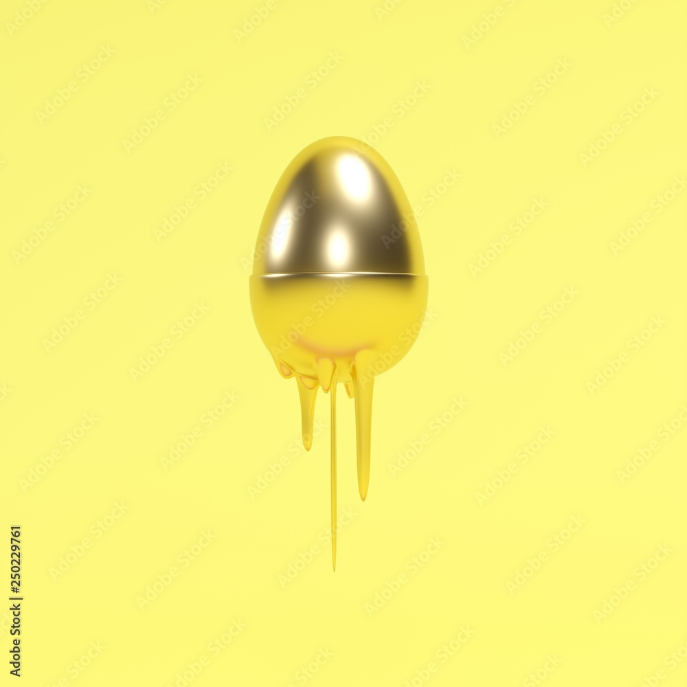 Golend Egg dripping with yellow paint on yellow background. minimal idea food.