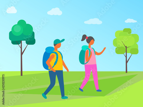 Couple man and woman with backpacks walking in forest. Cartoon people in hiking tour, vector tourists with rucksacks, girl and boy together in flat style