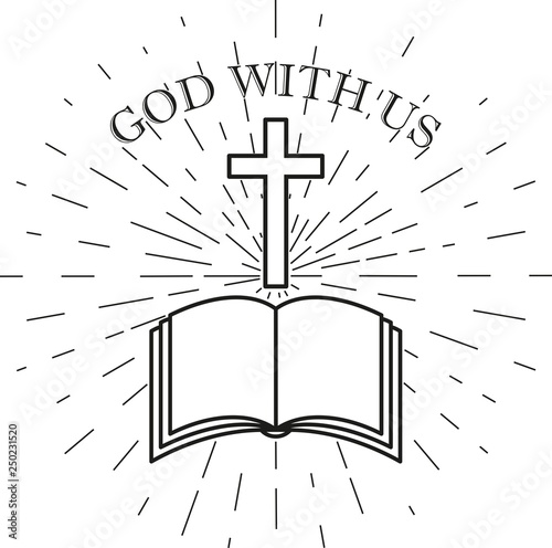 Bible cross rays and text with us god