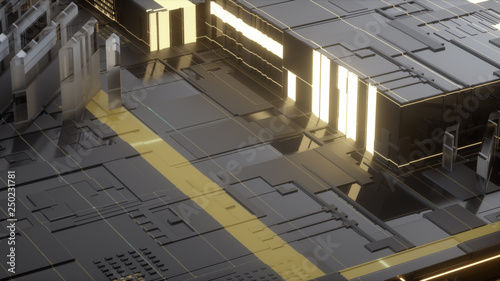 3d Render Digital abstract architecture fragment. Cyber City. Printed circuit board PCB technology repetition. Gold Yellow and Glass buildings. Cyber security. Digital hardware backdrop. Displacement 