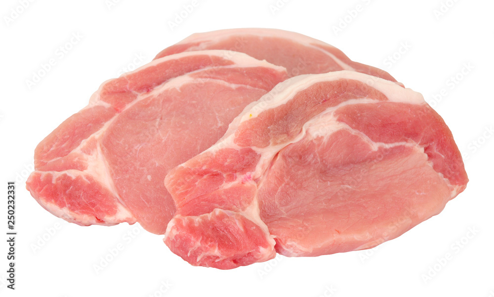 Group of fresh raw pork meat steaks isolated on a white background