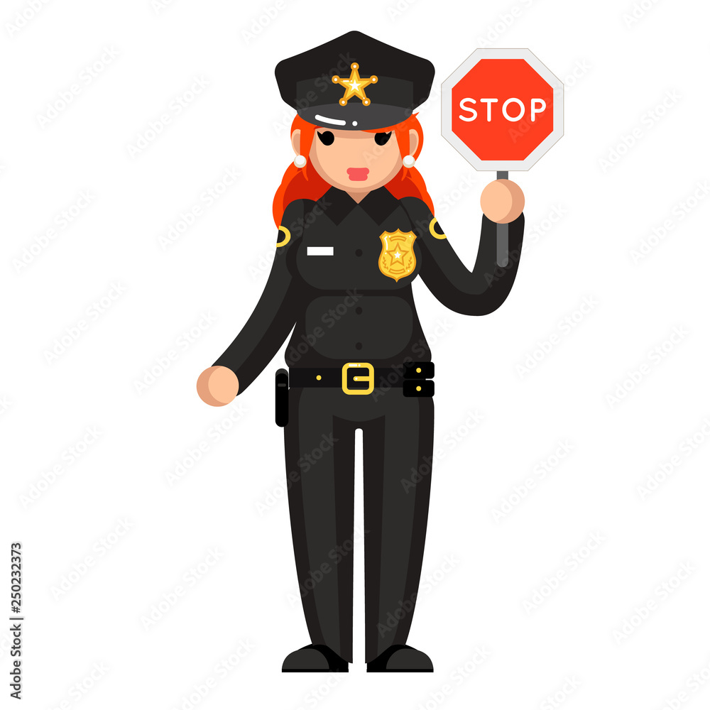 Female police officer stop sign policeman woman law justice cop crime protection cartoon flat design character isolated vector illustration